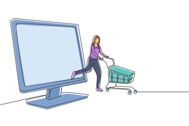 Monitörden çıkıp alışveriş arabasını iten genç bir kadının sürekli çizdiği bir çizgi. Satış, dijital yaşam tarzı, tüketim insanları konsepti. Tek çizgi çizimi tasarım vektörü grafik çizimi