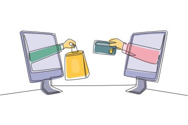 Tek sıra halinde, alışveriş torbalarını kredi kartlarıyla değiştirmek için monitör ekranından iki elini çekiyor. Satış, dijital ödeme konsepti. Dinamik bir çizgi çizer grafik tasarım vektörü çizer