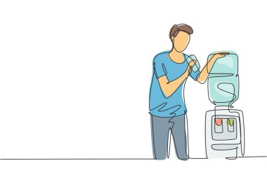 Single one line drawing young man drinking fresh water in a glass while standing next to a water dispenser filled with gallons of water. Modern continuous line draw design graphic vector illustration