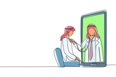 Tek çizgi halinde, Arap erkek doktor akıllı telefon ekranından çıkıyor ve erkek hastanın kalp atışlarını steteskop kullanarak kontrol ediyor. Aralıksız çizgi çizimi tasarım grafik vektör çizimi