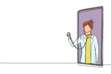 Tek sıra halinde kadın doktor stetoskop tutarak ekrandan çıkıyor. Çevrimiçi tıbbi hizmetler, tıbbi danışma konsepti. Tek çizgi çizimi tasarım vektörü grafik çizimi
