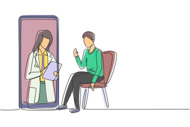 Devamlı bir çizgi halinde elinde dosya tutan kadın doktor sandalyeye oturan erkek hastanın durumunu kontrol ediyor. Online doktor danışma konsepti. Tek çizgi çizimi tasarım vektörü grafik çizimi