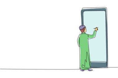 Sürekli olarak, akıllı telefondaki tesettürlü kadın doktordan reçete alan Arap kadın hastaları çiziyor. Çevrimiçi tıbbi servis kavramı. Tek çizgi çizimi tasarım vektörü grafik çizimi