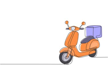 Single continuous line drawing scooter with box package. E-commerce, online shopping. Online delivery service. Fast delivery parcel concept. Dynamic one line draw graphic design vector illustration