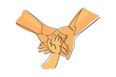 Single continuous line drawing baby hand. Closeup of baby hand into parents hands. Family concept. Tiny Newborn Baby's and parent hands. Dynamic one line draw graphic design vector illustration