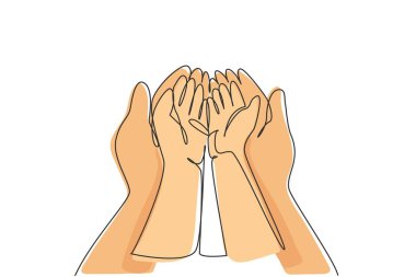 Single continuous line drawing baby hand. Close up of baby hands into mother hands. Tiny Newborn Baby's and female hands. Mom and her child. Dynamic one line draw graphic design vector illustration