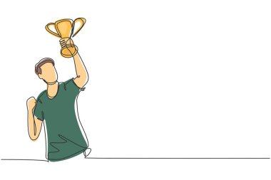 Continuous one line drawing male athlete in sports jersey holding gold trophy with one hand. Celebrating victory of national sports competition. Single line draw design vector graphic illustration
