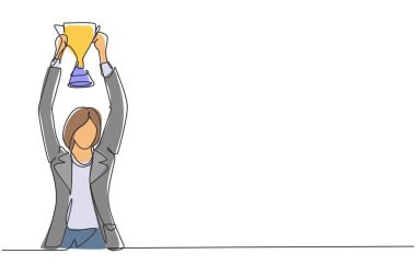 Single continuous line drawing young businesswoman wearing blazer holding up golden trophy with both hands. Symbol of achievement business performance. One line draw graphic design vector illustration