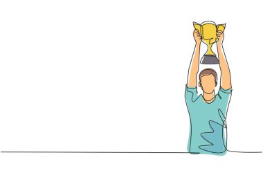 Single continuous line drawing male athlete wearing sports jersey lifting gold trophy with both hands. Celebrating victory of national competition. One line draw graphic design vector illustration