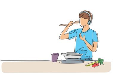 Continuous one line drawing handsome husband begin prepare family dinner singing like rock star with kitchenware and overjoyed music playlist. Single line draw design vector graphic illustration