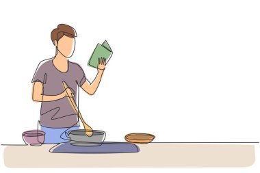 Single continuous line drawing young man cooking while reading book she is holding. Healthy food lifestyle concept. Cooking at home. Prepare food. One line draw graphic design vector illustration