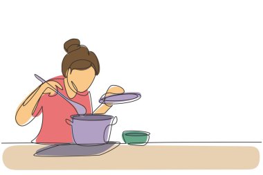 Continuous one line drawing beautiful housewife enjoying smell of cooking from pot. Prepare food at cozy kitchen. Cooking at home. Healthy food. Single line draw design vector graphic illustration