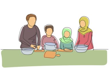 Single one line drawing beautiful young Arabian mom and her cute little daughter are playing and smiling while baking in kitchen at home. Modern continuous line draw design graphic vector illustration