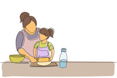 Single continuous line drawing beautiful young mom and her cute little daughter are playing and smiling while baking in kitchen at home. Dynamic one line draw graphic design vector illustration