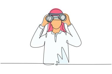 Single one line drawing Arabian businessman looking through binoculars searching for job. Find all opportunities in the world of suitable jobs. Continuous line draw design graphic vector illustration