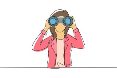 Single one line drawing young business woman looking through binoculars searching for job. Find all opportunities in the world of suitable jobs. Continuous line draw design graphic vector illustration