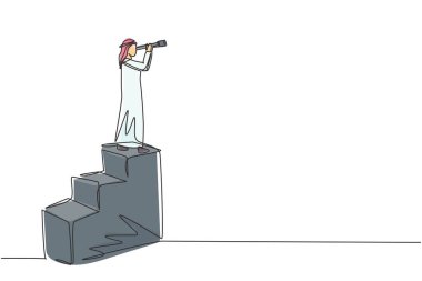 Continuous one line drawing vision concept in business of Arabic businessman and telescope, monocular. Symbol leadership, strategy, mission, objectives. Single line design vector graphic illustration