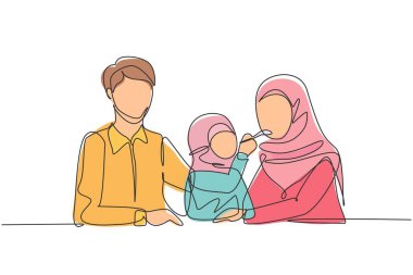 Single continuous line drawing Arab family having fun together in modern restaurant. Daughter feeds her mother with love. Happy little family concept. One line draw graphic design vector illustration