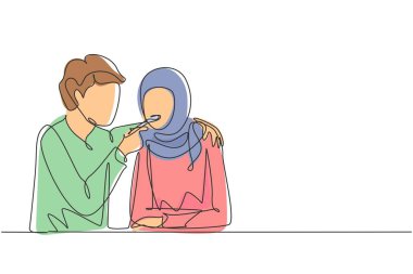 Single one line drawing romantic Arabian man feeds his wife. Happy young couple dinner together at restaurant. Celebrate wedding anniversaries. Continuous line draw design graphic vector illustration