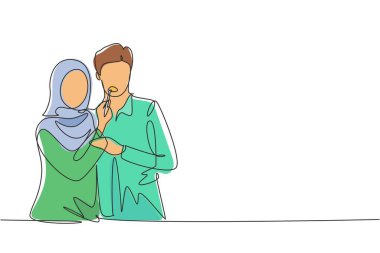 Continuous one line drawing romantic Arabian woman feeding husband for breakfast. Celebrate wedding anniversaries and enjoy romantic moment at home. Single line draw design vector graphic illustration