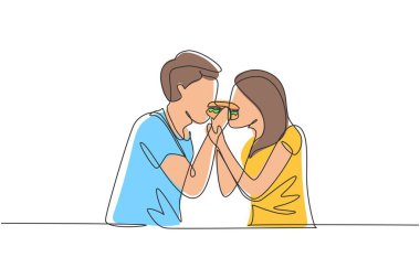 Single one line drawing young beautiful couple sharing hamburger. Celebrate wedding anniversaries and enjoy romantic lunch at restaurant. Modern continuous line draw design graphic vector illustration