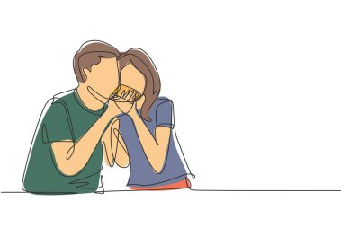 Single one line drawing young beautiful couple sharing pizza cut. Celebrate anniversaries and enjoy romantic lunch at modern restaurant. Modern continuous line draw design graphic vector illustration