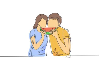 Continuous one line drawing young beautiful couple sharing watermelon. Celebrate wedding anniversaries and enjoy romantic lunch at restaurant. Single line draw design vector graphic illustration