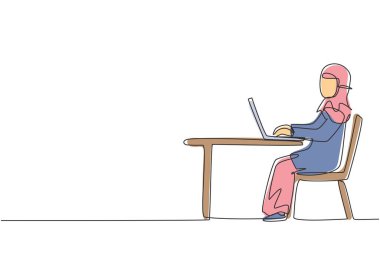 Single one line drawing Arabian girl with laptop sitting on chair around desk. Distance learning, online courses, and studying concept. Modern continuous line draw design graphic vector illustration