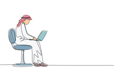 Continuous one line drawing young Arabian man with laptop sitting on the chair. Freelance, distance learning, online courses, and studying concept. Single line draw design vector graphic illustration