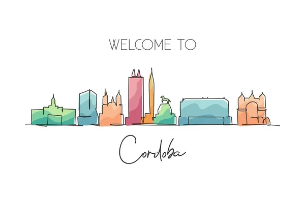 Single Continuous Line Drawing Cordoba Skyline Argentina Famous City Scraper — Vetor de Stock
