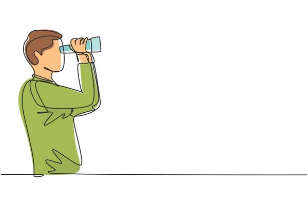 Continuous One Line Drawing Young Man Looking Distance Binoculars Enjoy —  Vetores de Stock