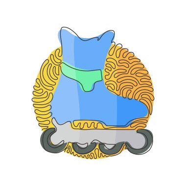 Modern patenleri çeken tek bir çizgi var. Erkek tarzı patenler. Dahili paten sporu. Kayın. Bir çift inline paten. Kıvrımlı kıvrımlı çember arka plan tarzı. Tek çizgi çizme tasarım vektörü