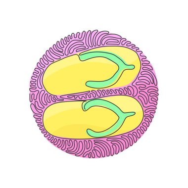 Devamlı bir çizgi, parmak arası terlik simgesi çiziyor. Plaj tatili tasarımları için sevimli ve renkli yaz terlikleri. Kıvrımlı kıvrımlı çember arka plan tarzı. Tek çizgi çizimi tasarım vektörü grafik çizimi