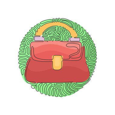 Tek sıra halinde kadın el çantaları koleksiyonu yapıyor. Fermuarlı ve cepli çantalar. Kıvrımlı kıvrımlı çember arka plan tarzı. Bir çizgi çizimi grafik tasarım vektör çizimi