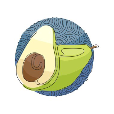 Tek sıra halinde avakado ve yarısı tohum. Sağlıklı vejetaryen yemeği. Lezzetli aperatif. Kıvrımlı kıvrımlı çember arka plan tarzı. Aralıksız çizgi çizimi tasarım grafik vektör çizimi