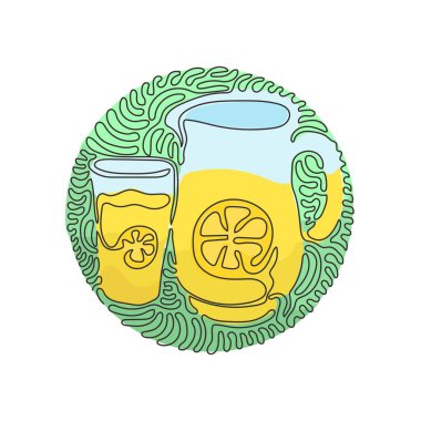 Tek sıra halinde, sürahi ve cam içinde limonata. Limonlu ve buzlu bardak ve sürahi. Kıvrımlı kıvrımlı çember arka plan tarzı. Modern sürekli çizgi çizimi tasarım grafik vektör çizimi