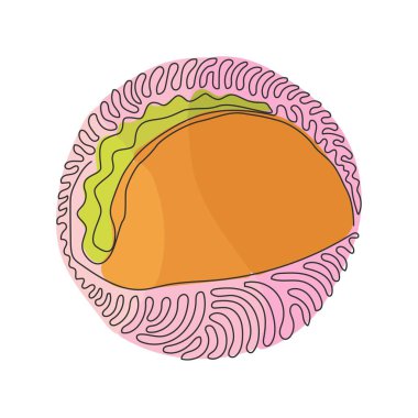 Tortilla, et, marul, peynir, domates ve soslu Meksika fast food 'u çizen tek sıra. Kıvrımlı kıvrımlı çember arka plan tarzı. Dinamik bir çizgi çizer grafik tasarım vektörü çizer
