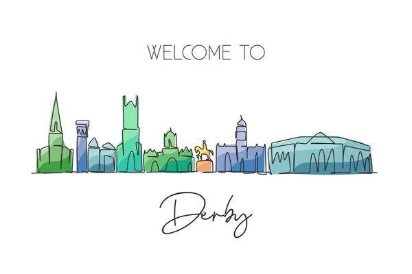 Una Sola Línea Dibujando Derby City Skyline Reino Unido Paisaje — Archivo Imágenes Vectoriales