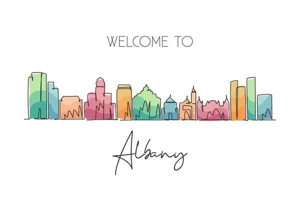 Continuous One Line Drawing Albany City Skyline New York Beautiful — Stock Vector
