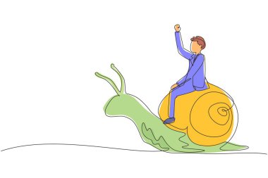 Tek sıra halinde işadamı salyangoza biniyor. Zayıf rakip. Yetersiz yönetici, kötü çözüm. Yavaş iş ilerlemesi, tembellik. Modern sürekli çizgi çizimi tasarım grafik vektör çizimi