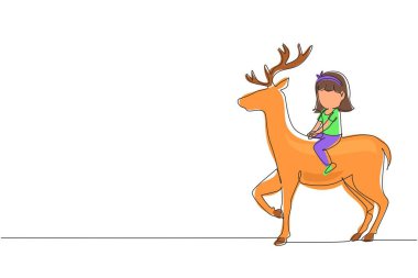 Geyiğe binen mutlu küçük kızı çizen tek sıra. Çiftlik arazisinde eyerle sırt üstü oturan bir çocuk. Çocuklar ren geyiğine binmeyi öğreniyor. Bir çizgi çizimi grafik tasarım vektör çizimi