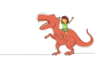 Tek sıra halinde, dişi mağara adamı T-Rex tyrannosaurus 'a biniyor. Genç bir çocuk dinozorun arkasında oturuyor. Taş devri çocukları. Antik insan hayatı. Bir çizgi çizimi grafik tasarım vektör çizimi