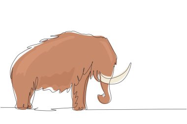 Tek sıra halinde büyük mamut iş logosu kimliği çiziyor. Buzul çağından kalma tarih öncesi bir hayvan. Fildişleri, fildişleri, fil türleri. Dinamik bir çizgi çizer grafik tasarım vektörü çizer