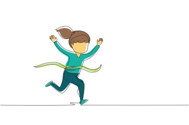 Yarışta koşan ve birinciliği kazanan tatlı bir kızı çekmeyi sürdürüyor. Bitiş çizgisine ilk koşan küçük çocuk, fiziksel aktivite konsepti. Tek çizgi çizimi tasarım vektörü grafik çizimi