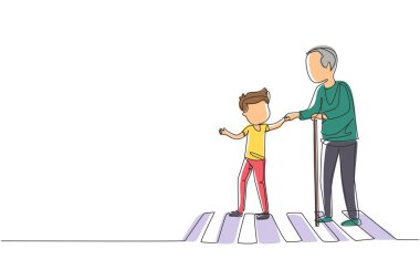 Tek sıra halinde mutlu çocuk çizmek büyükbabanın karşıya geçmesine yardımcı oluyor. Kibar bir çocuk yaşlı adamı karşıdan karşıya geçirip el ele tutuşuyor. Terbiye ve saygı. Bir çizgi grafik tasarım vektör çizimi