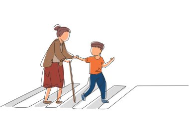 Kibar çocuğu çeken tek sıra büyükannenin caddeyi geçmesine yardım ediyor. Yaşlı bir kadına terbiyeli çocuk yardımı. Çocuk ve yaşlı kadın yaya geçidine beraber gidiyorlar. Bir çizgi grafik tasarım vektörü