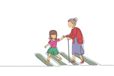 Tek çizgi çizen küçük kız yaşlı kadının yaya geçidinde karşıya geçmesine yardım ediyor. Büyükannenin yaya geçidine yardım et. Güvenlik trafiği. Modern sürekli çizgi çizimi tasarım grafik vektör çizimi