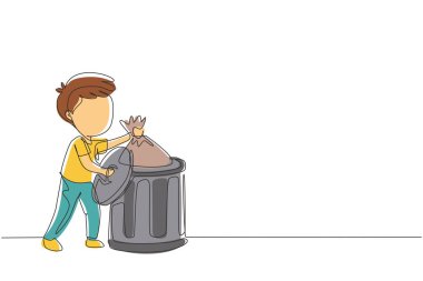 Küçük çocuğun çöpü attığı bir çizgi sürekli devam ediyor. Çocuklar ev işleri için ev işi yapıyorlar. Ekoloji temalı. Eko-eğitim. Çocuk aktiviteleri. Tek çizgi tasarım vektör grafik çizimi