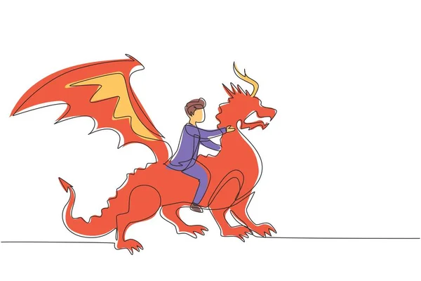 Una Sola Línea Continua Dibujando Hombre Negocios Cabalgando Dragón Conquistar — Archivo Imágenes Vectoriales