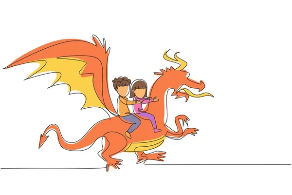 Una Sola Línea Dibujando Feliz Niño Niña Volando Con Dragón — Archivo Imágenes Vectoriales